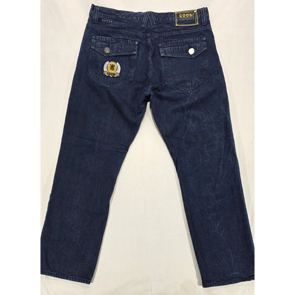 Y2K COOGI Mens Jeans 38x33 Embroidered Blue/Black Dark Wash Baggy Streetwear